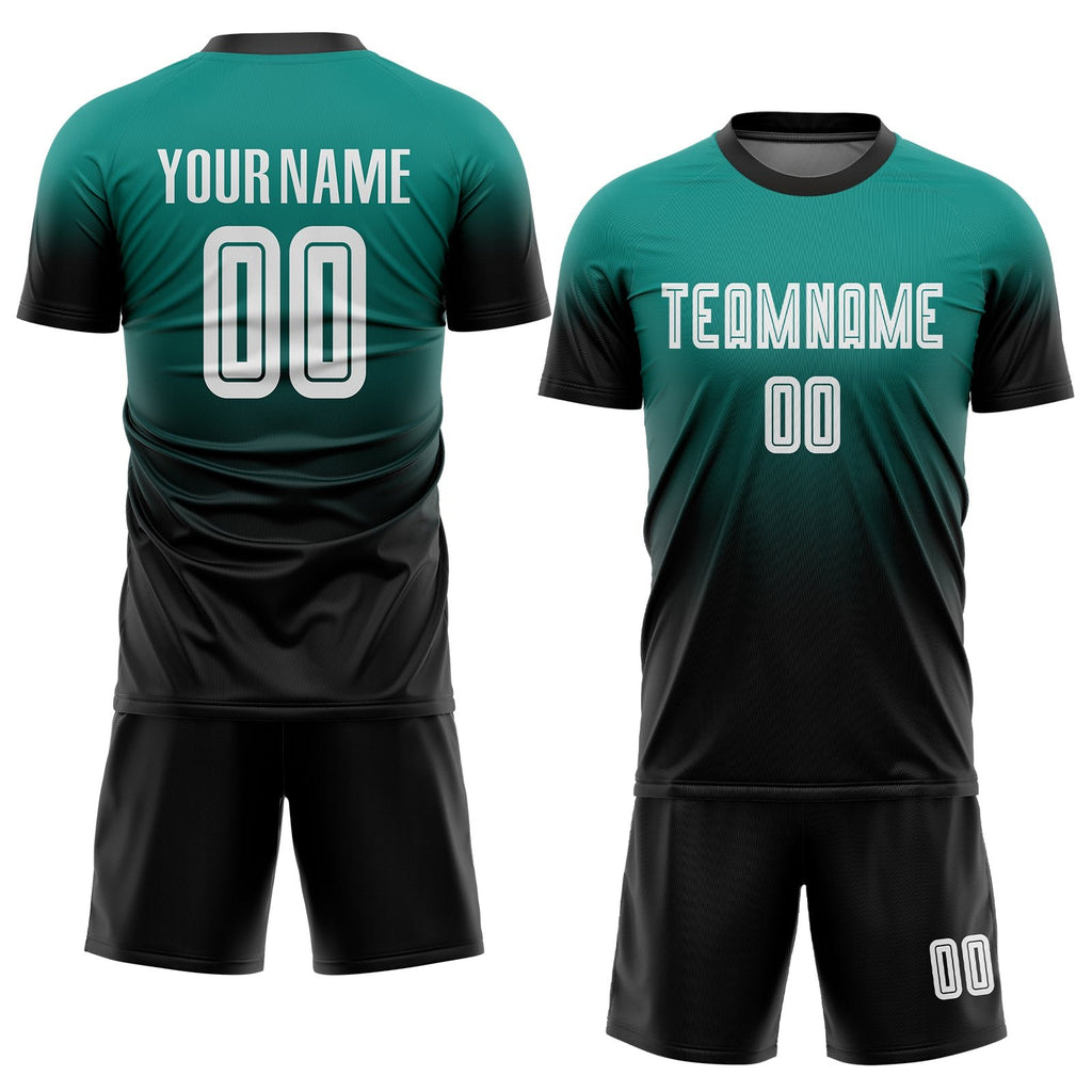Custom Aqua White-Black Sublimation Fade Fashion Soccer Uniform Jersey photo 2