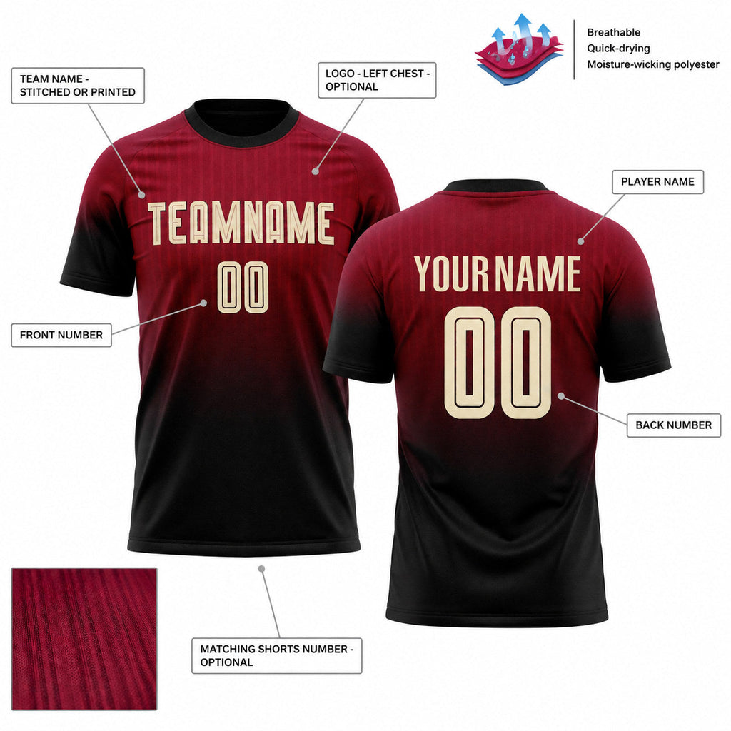 Custom Crimson Fade Sublimated Soccer Jersey with Cream and Black Lettering customization guide