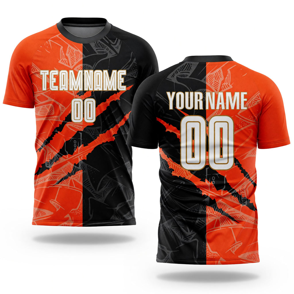 Custom Graffiti Pattern White Black Orange-Old Gold Scratch Sublimation Soccer Uniform Jersey