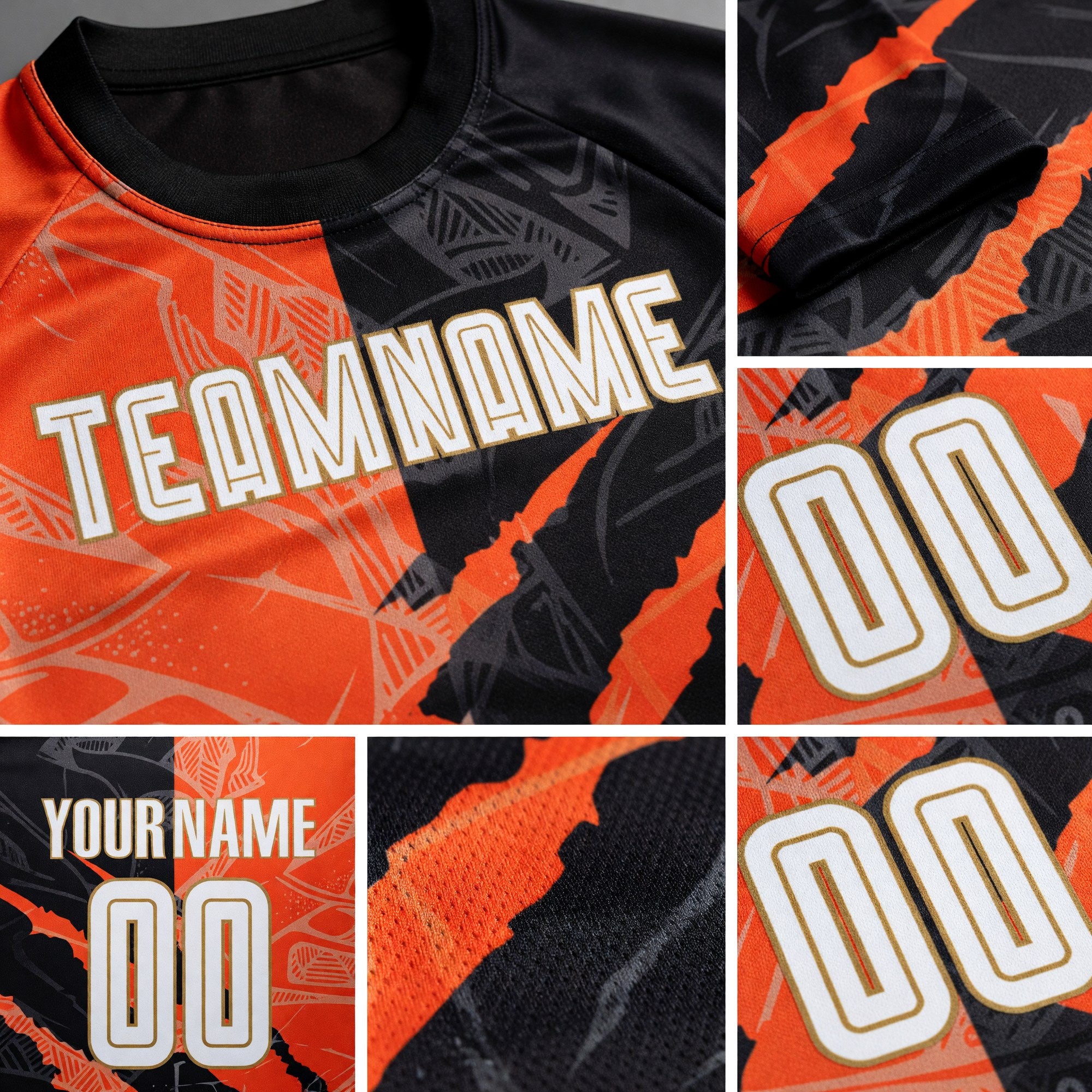 Custom Graffiti Pattern White Black Orange-Old Gold Scratch Sublimation Soccer Uniform Jersey detail