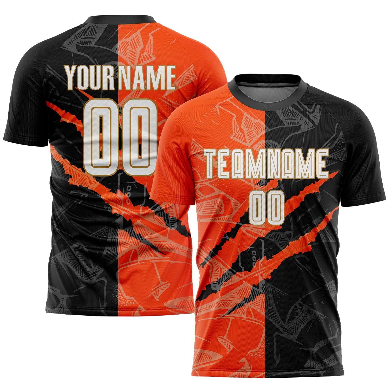 Custom Graffiti Pattern White Black Orange-Old Gold Scratch Sublimation Soccer Uniform Jersey photo 1