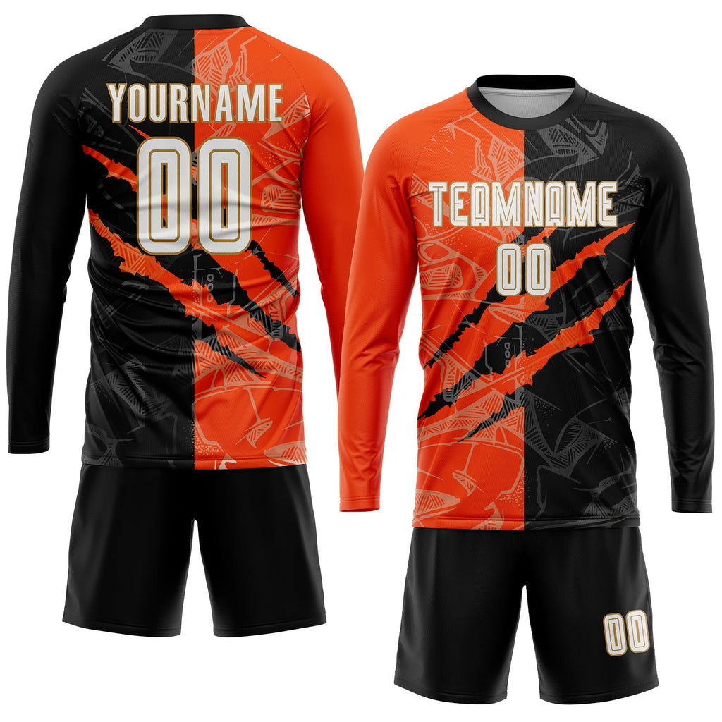 Custom Graffiti Pattern White Black Orange-Old Gold Scratch Sublimation Soccer Uniform Jersey photo 4