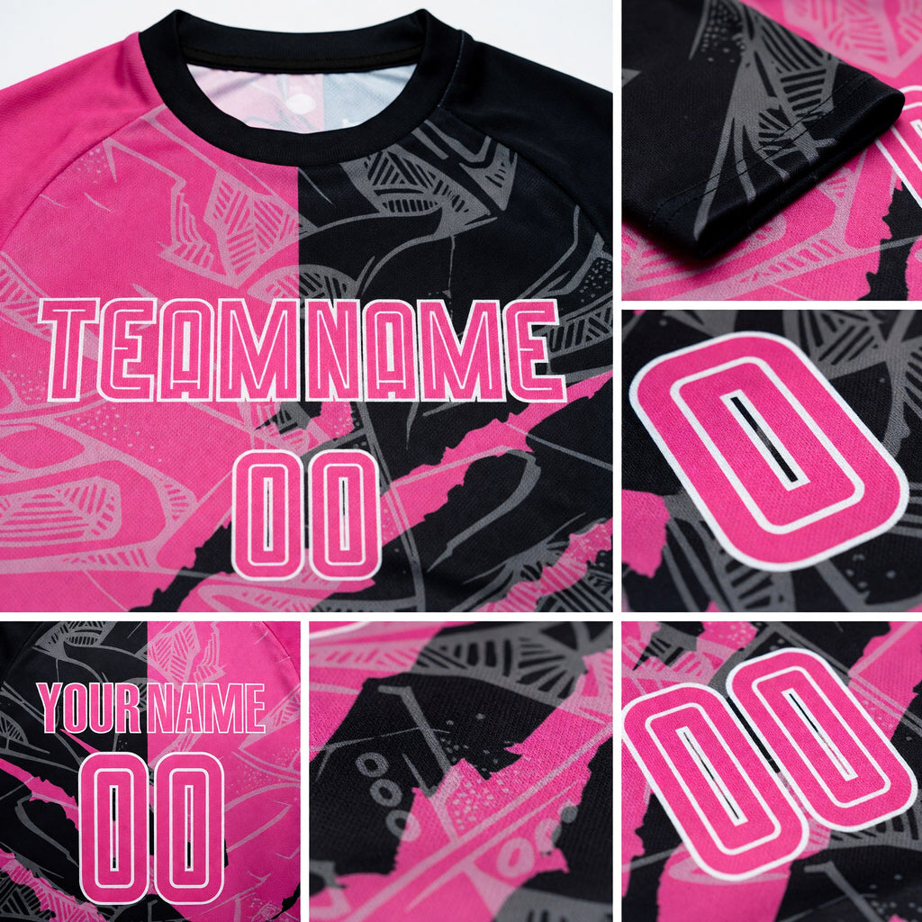 Custom Graffiti Pattern Pink Black-White Scratch Sublimation Soccer Uniform Jersey detail