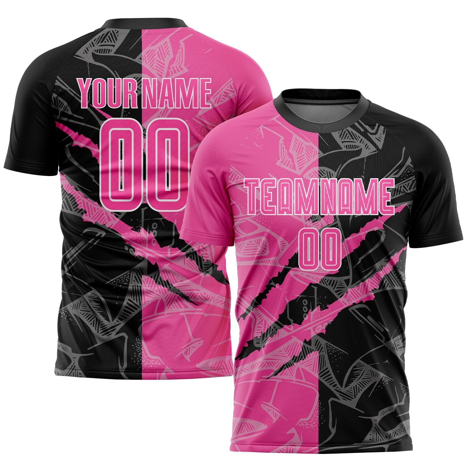 Custom Graffiti Pattern Pink Black-White Scratch Sublimation Soccer Uniform Jersey photo 1