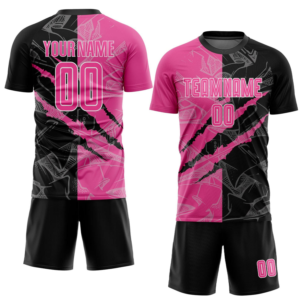 Custom Graffiti Pattern Pink Black-White Scratch Sublimation Soccer Uniform Jersey photo 2