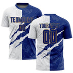 Custom Graffiti Pattern Royal White-Old Gold Scratch Sublimation Soccer Uniform Jersey