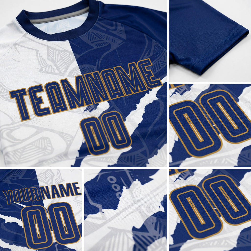 Custom Graffiti Pattern Royal White-Old Gold Scratch Sublimation Soccer Uniform Jersey detail