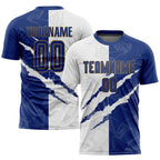Custom Graffiti Pattern Royal White-Old Gold Scratch Sublimation Soccer Uniform Jersey photo 1
