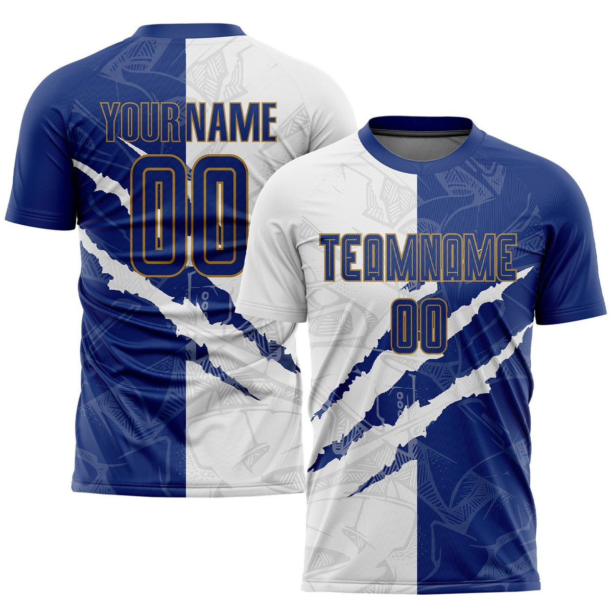 Custom Graffiti Pattern Royal White-Old Gold Scratch Sublimation Soccer Uniform Jersey photo 1