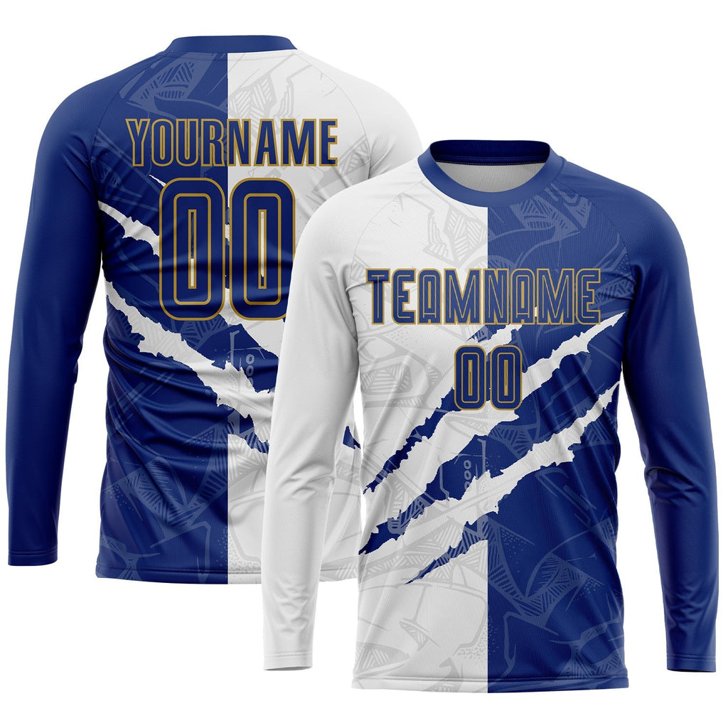 Custom Graffiti Pattern Royal White-Old Gold Scratch Sublimation Soccer Uniform Jersey photo 3