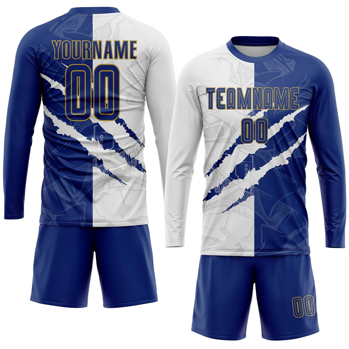 Custom Graffiti Pattern Royal White-Old Gold Scratch Sublimation Soccer Uniform Jersey photo 4