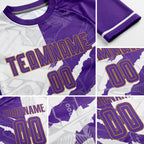 Custom Graffiti Pattern Purple White-Old Gold Scratch Sublimation Soccer Uniform Jersey detail