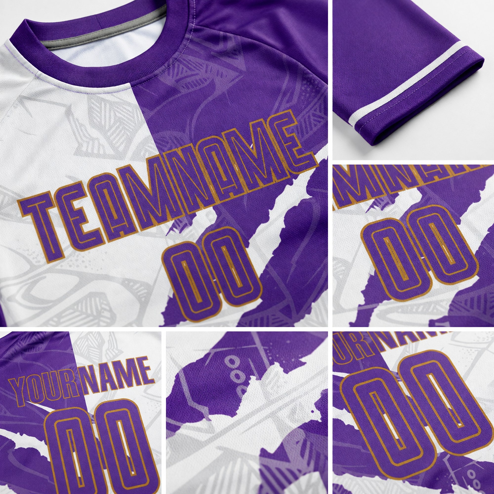 Custom Graffiti Pattern Purple White-Old Gold Scratch Sublimation Soccer Uniform Jersey detail