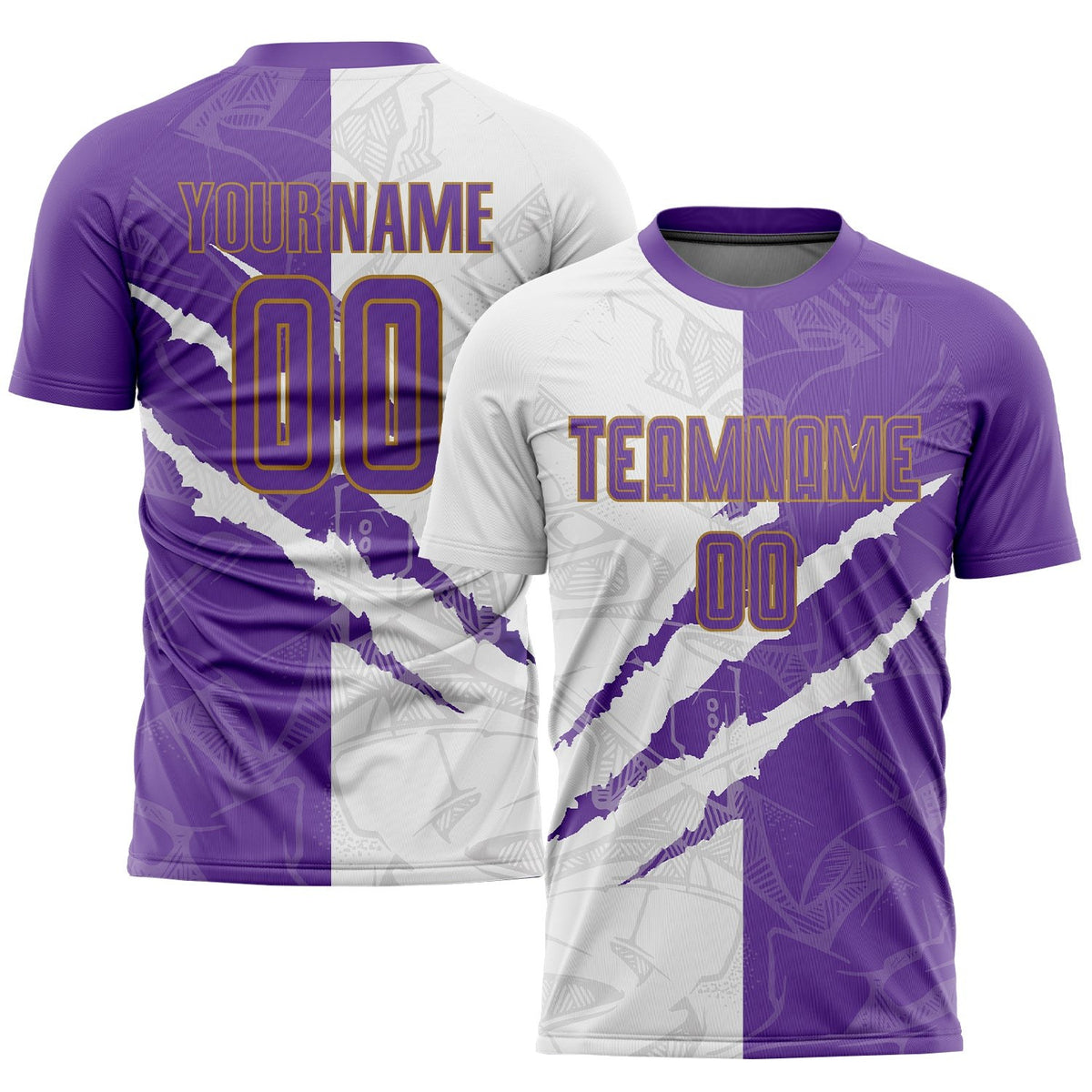 Custom Graffiti Pattern Purple White-Old Gold Scratch Sublimation Soccer Uniform Jersey photo 1