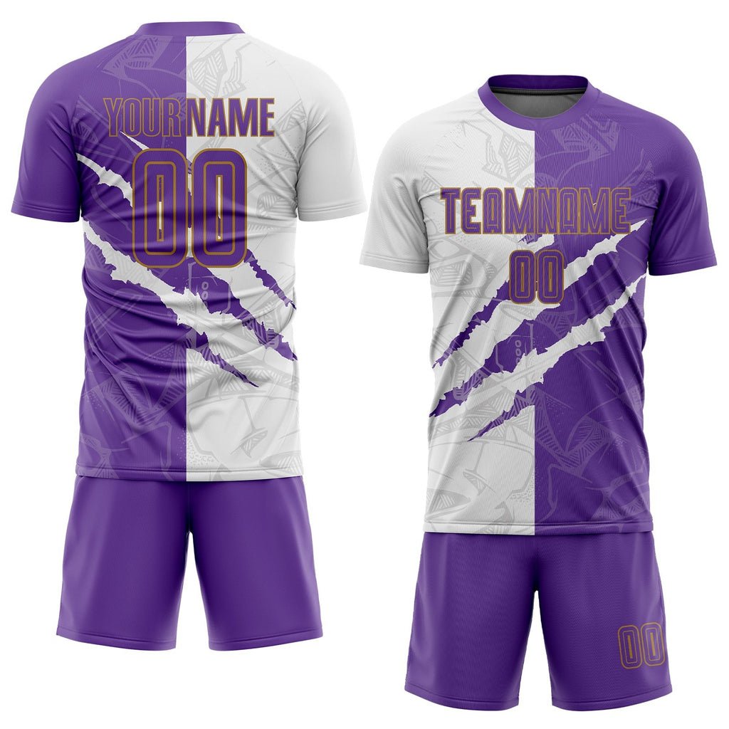Custom Graffiti Pattern Purple White-Old Gold Scratch Sublimation Soccer Uniform Jersey photo 2