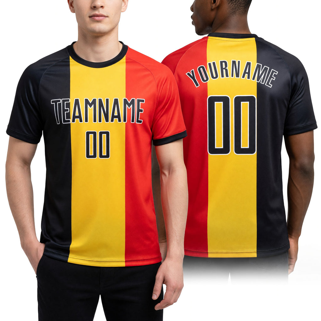 Custom Gold Black Red-White Sublimation Belgian Flag Soccer Uniform Jersey worn front and back