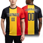 Custom Gold Black Red-White Sublimation Belgian Flag Soccer Uniform Jersey worn front and back