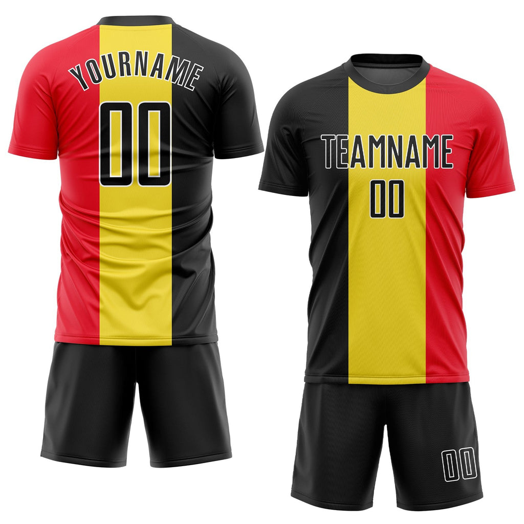 Custom Gold Black Red-White Sublimation Belgian Flag Soccer Uniform Jersey photo 2