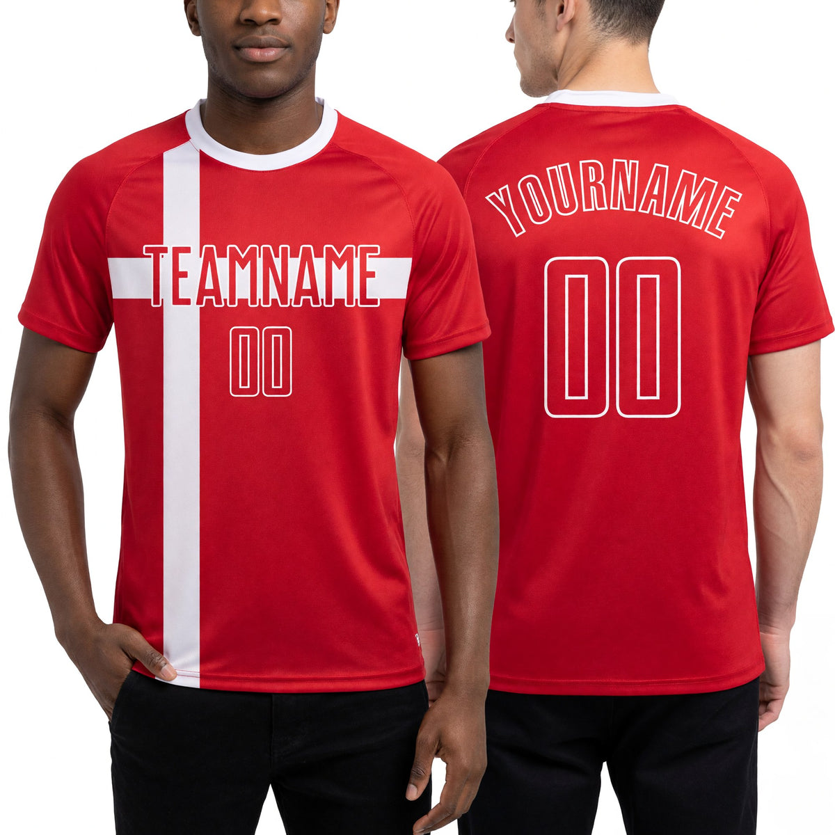 Custom Red Red-White Sublimation Danish Flag Soccer Uniform Jersey worn front and back