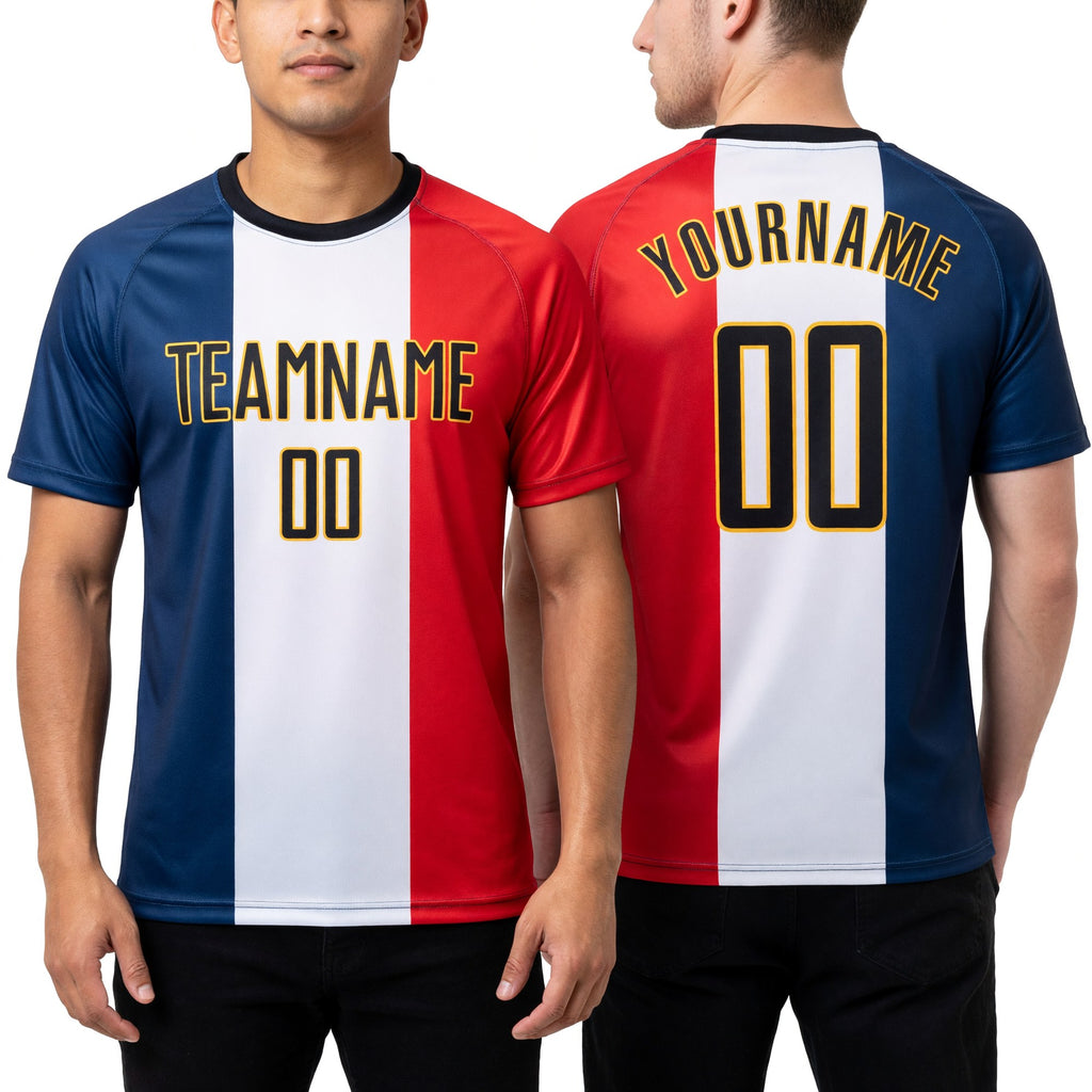 Custom Navy Black White Red-Gold Sublimation French Flag Soccer Uniform Jersey worn front and back