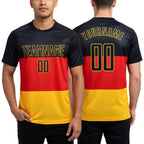 Custom Red Black-Gold Sublimation German Flag Soccer Uniform Jersey worn front and back