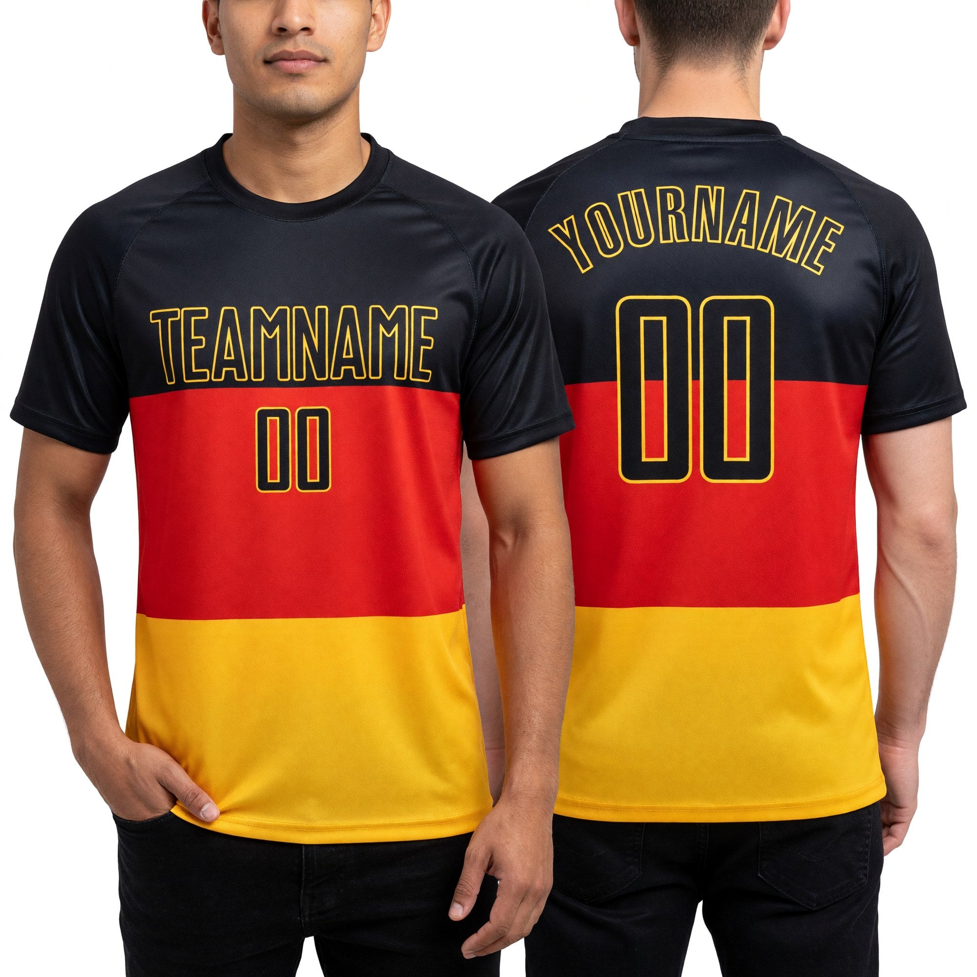 Custom Red Black-Gold Sublimation German Flag Soccer Uniform Jersey worn front and back