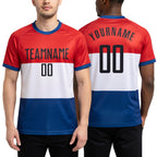 Custom Red Black White-Royal Sublimation Dutch Flag Soccer Uniform Jersey worn front and back