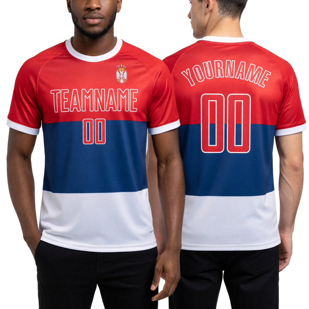 Custom Royal Red-White Sublimation Serbian Flag Soccer Uniform Jersey worn front and back