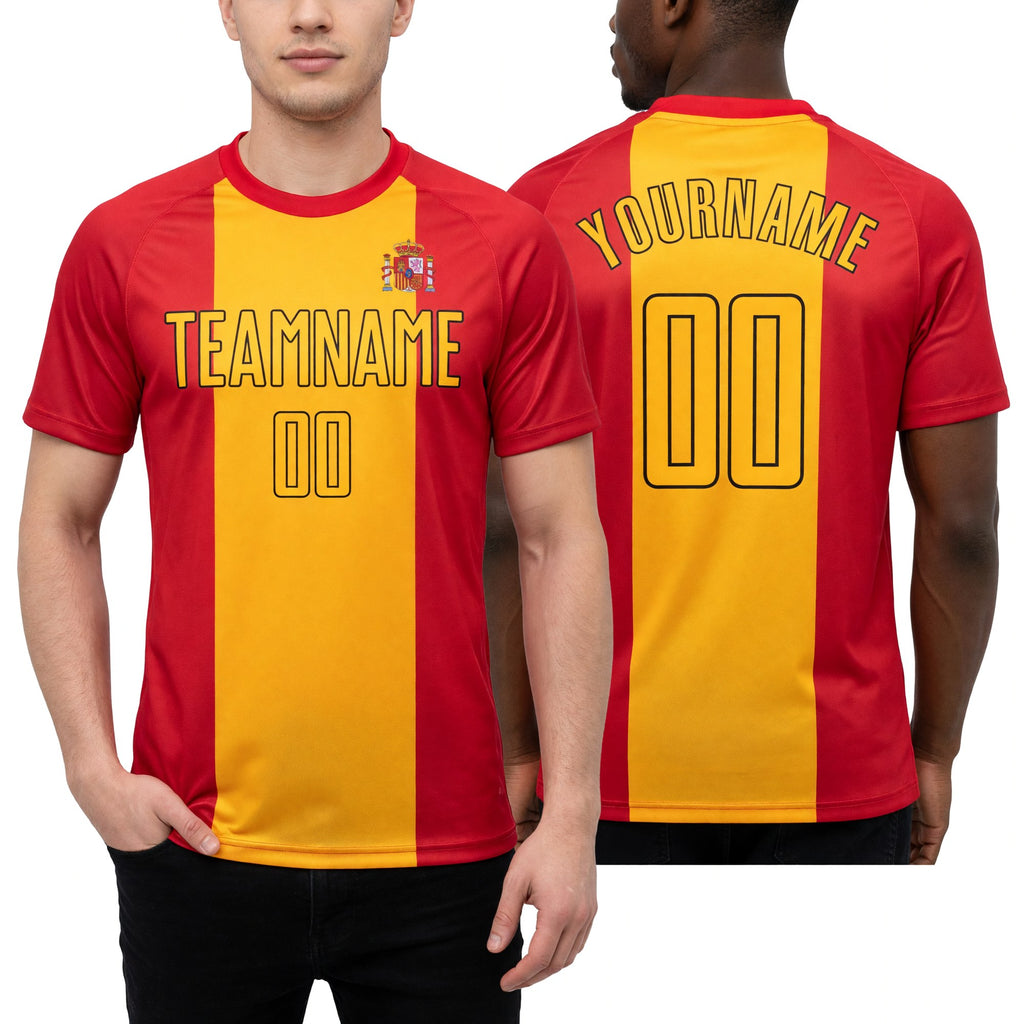 Custom Red Gold-Black Sublimation Spanish Flag Soccer Uniform Jersey worn front and back