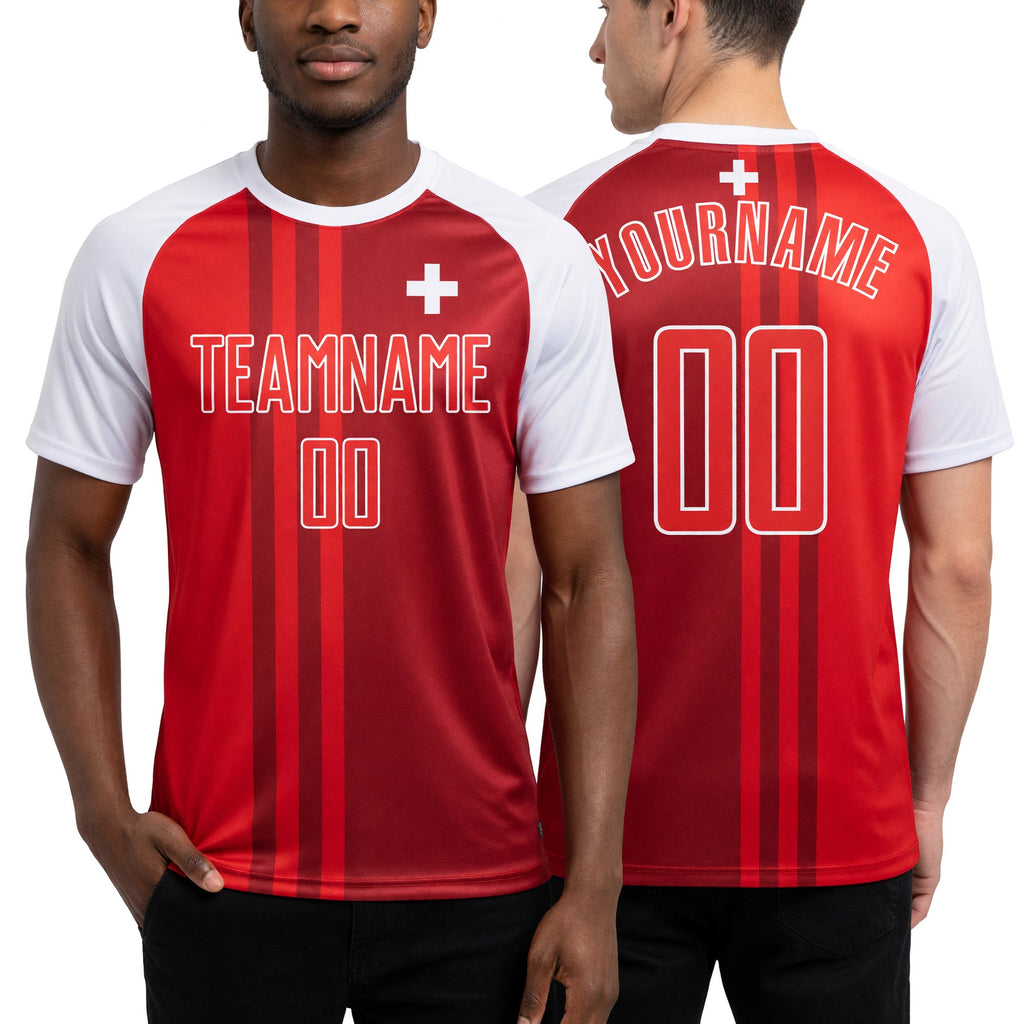 Custom Red Crimson-White Sublimation Swiss Flag Soccer Uniform Jersey worn front and back