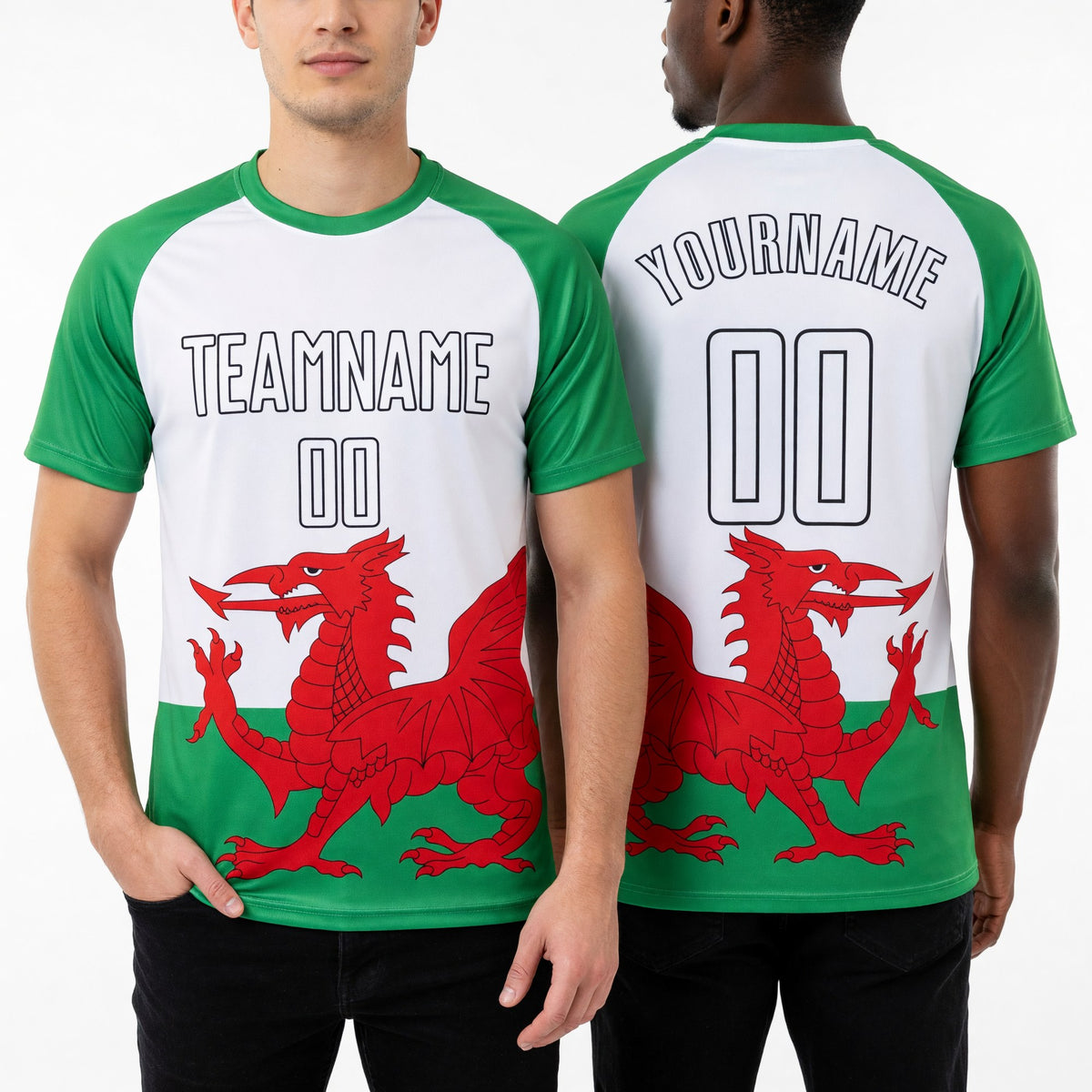 Custom Green White Red-Black Sublimation Welsh Flag Soccer Uniform Jersey worn front and back