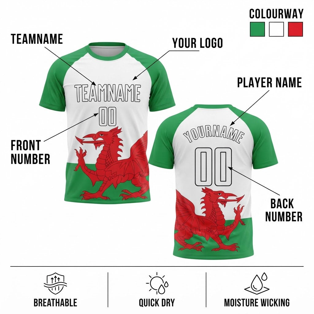 Custom Green and White Welsh Flag Sublimated Soccer Jersey with Red and Black Lettering customization guide