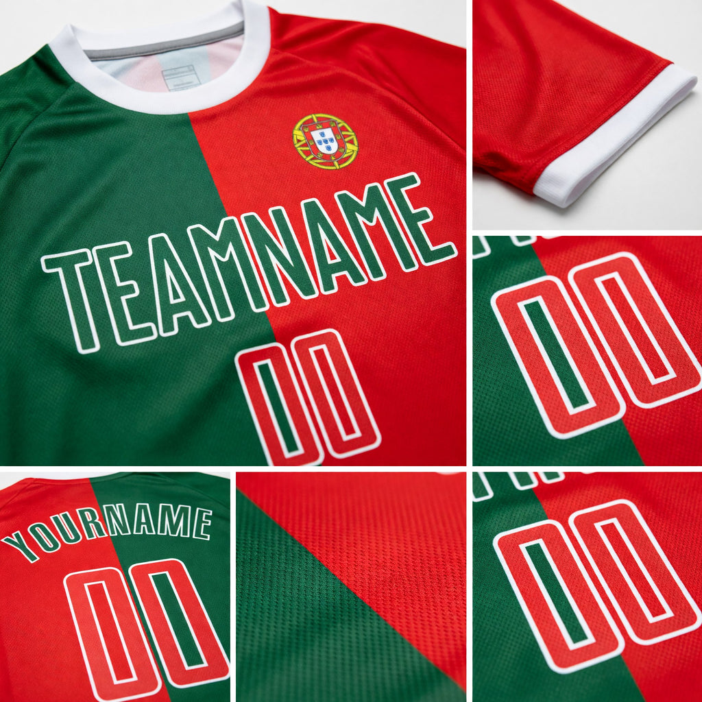 Custom Kelly Green Red-White Sublimation Portuguese Flag Soccer Uniform Jersey detail