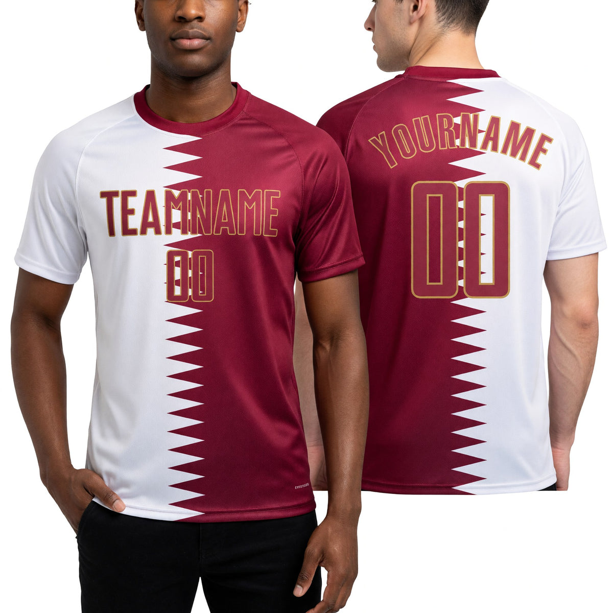 Custom White Crimson-Old Gold Sublimation Qatari Flag Soccer Uniform Jersey worn front and back
