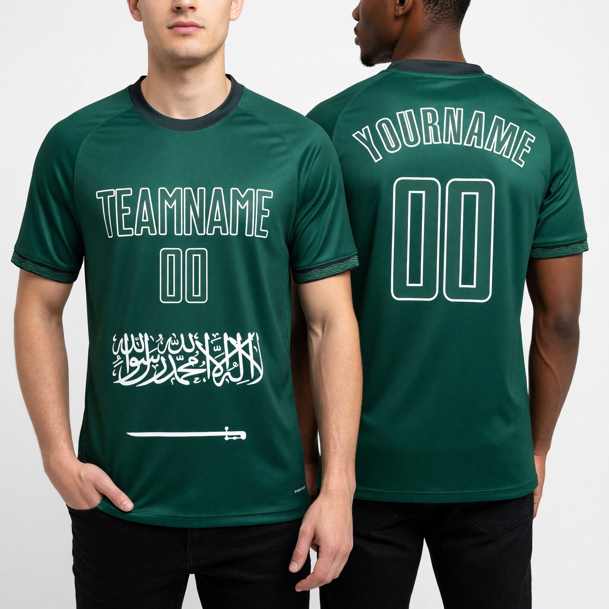 Custom Green Green-White Sublimation Saudi Arabian Flag Soccer Uniform Jersey worn front and back