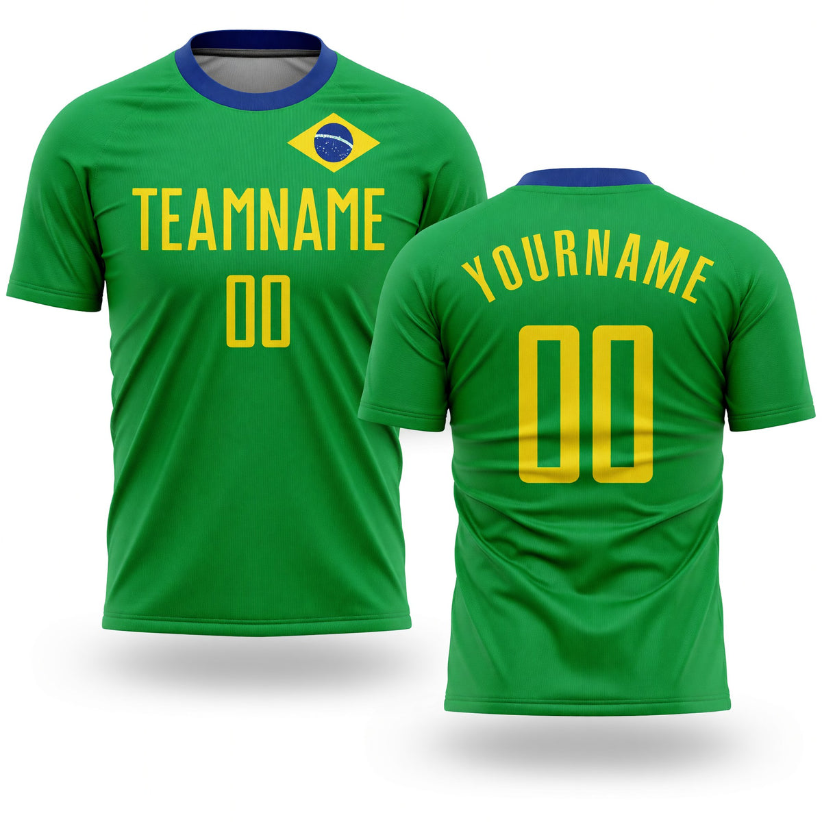Custom Neon Green Gold-Royal Sublimation Brazilian Flag Soccer Uniform Jersey