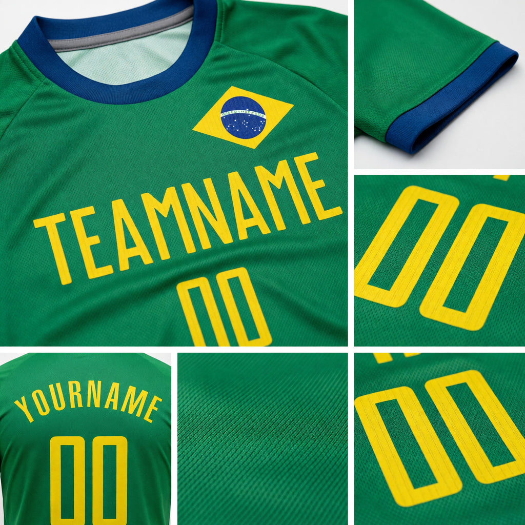 Custom Neon Green Gold-Royal Sublimation Brazilian Flag Soccer Uniform Jersey detail
