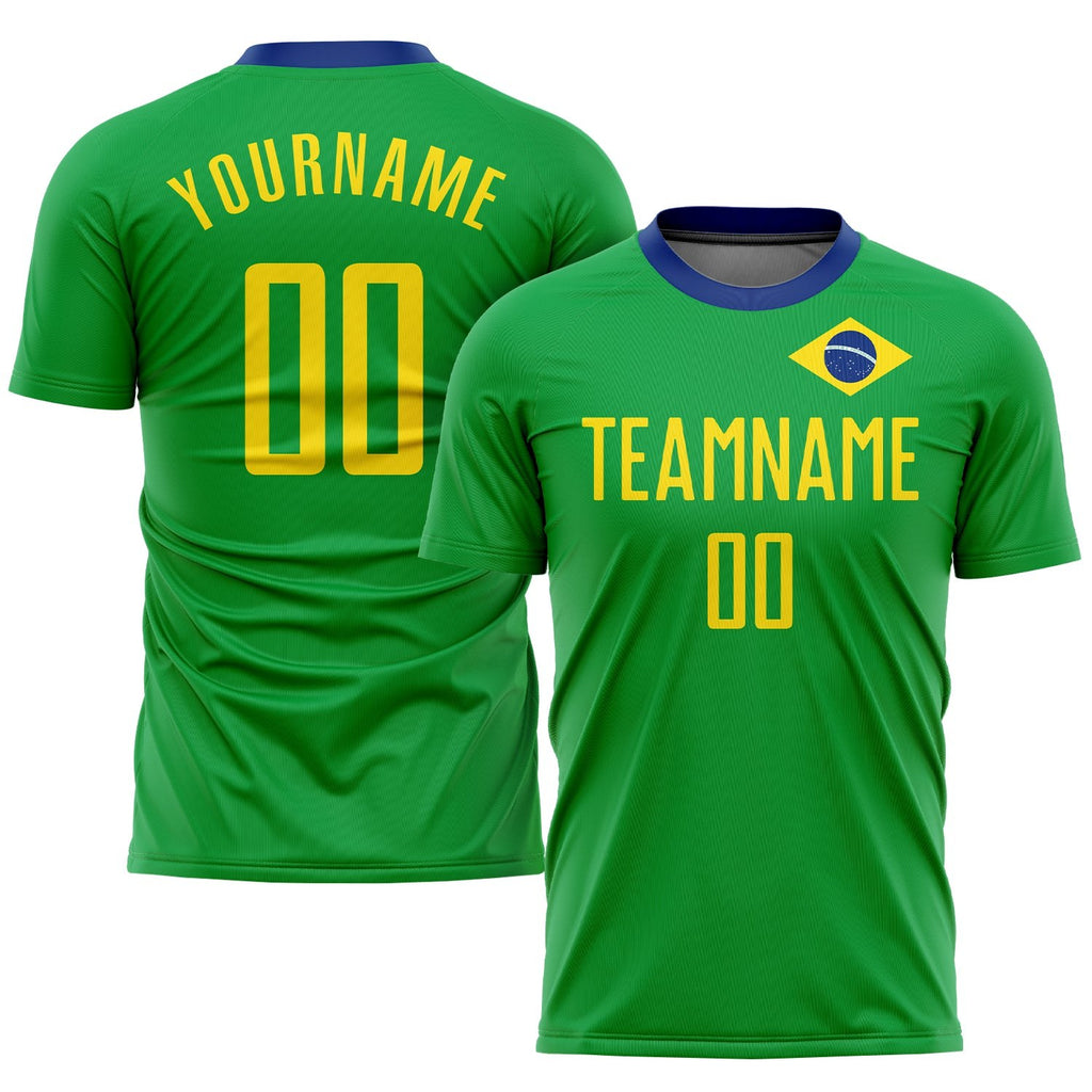Custom Neon Green Gold-Royal Sublimation Brazilian Flag Soccer Uniform Jersey photo 1