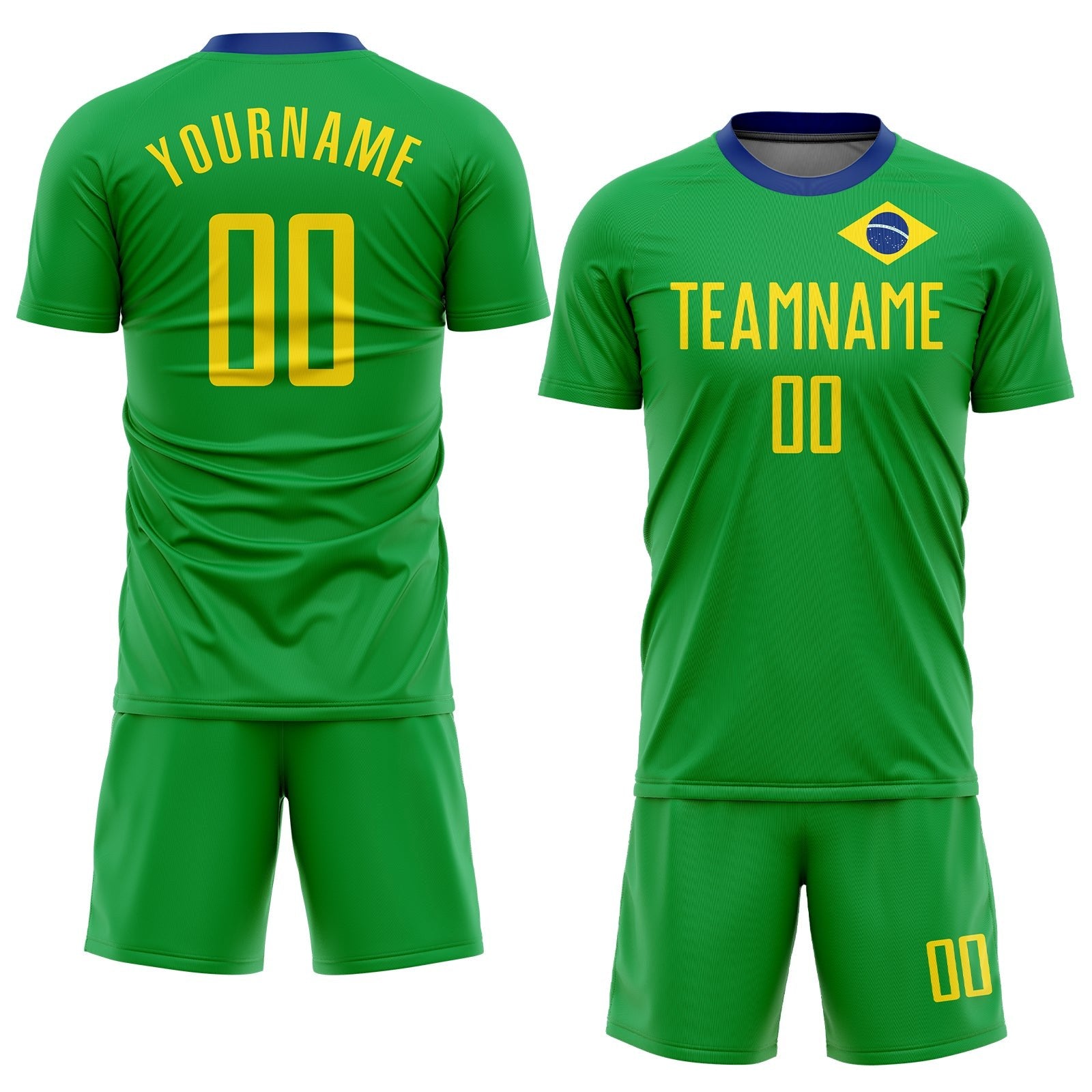 Custom Neon Green Gold-Royal Sublimation Brazilian Flag Soccer Uniform Jersey photo 2