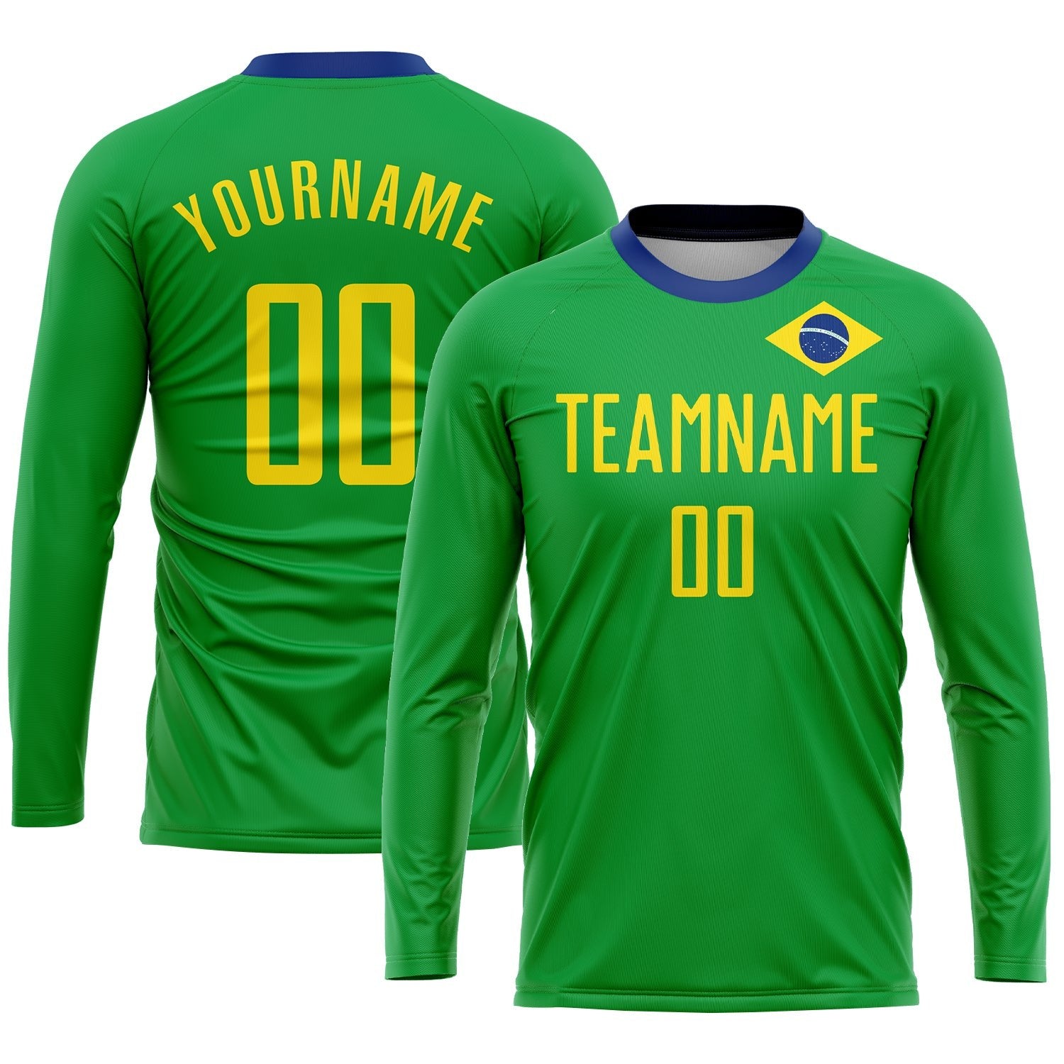 Custom Neon Green Gold-Royal Sublimation Brazilian Flag Soccer Uniform Jersey photo 3