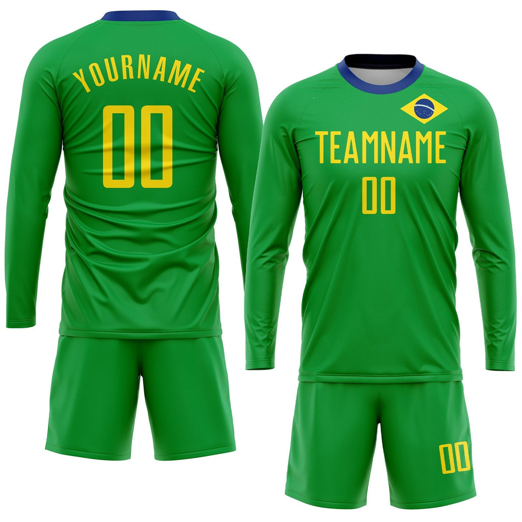 Custom Neon Green Gold-Royal Sublimation Brazilian Flag Soccer Uniform Jersey photo 4