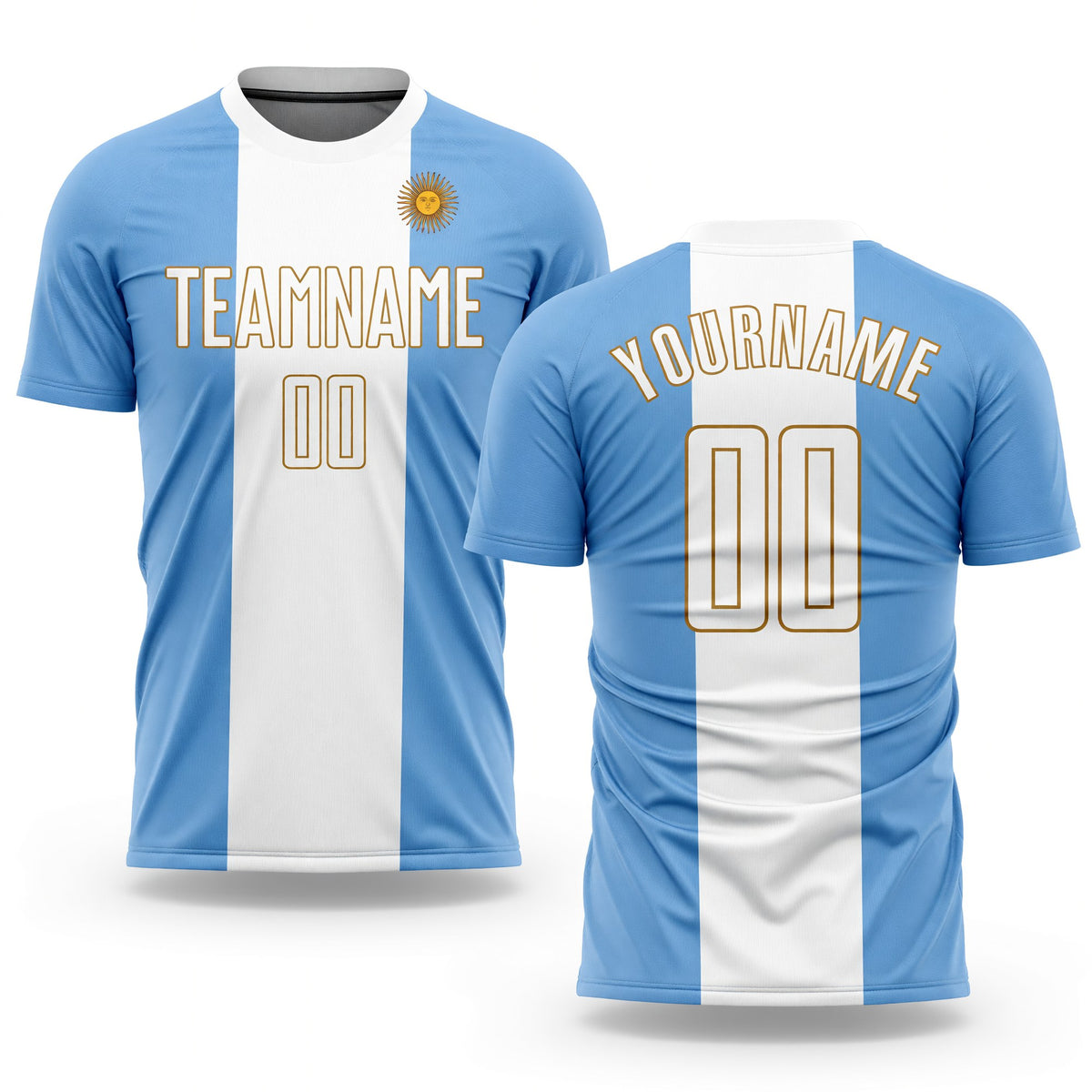 Custom Light Blue White-Old Gold Sublimation Argentinian Flag Soccer Uniform Jersey