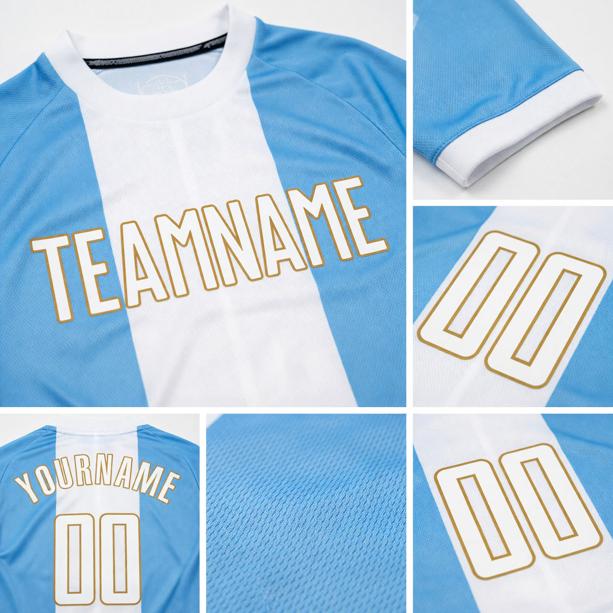 Custom Light Blue White-Old Gold Sublimation Argentinian Flag Soccer Uniform Jersey detail
