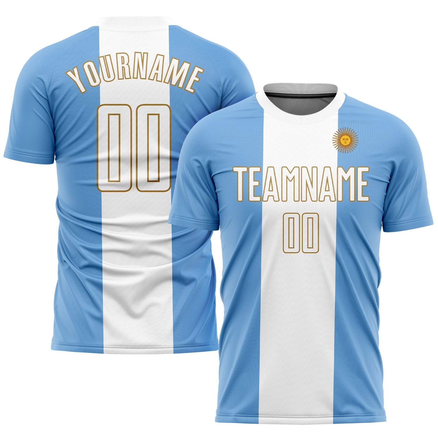 Custom Light Blue White-Old Gold Sublimation Argentinian Flag Soccer Uniform Jersey photo 1