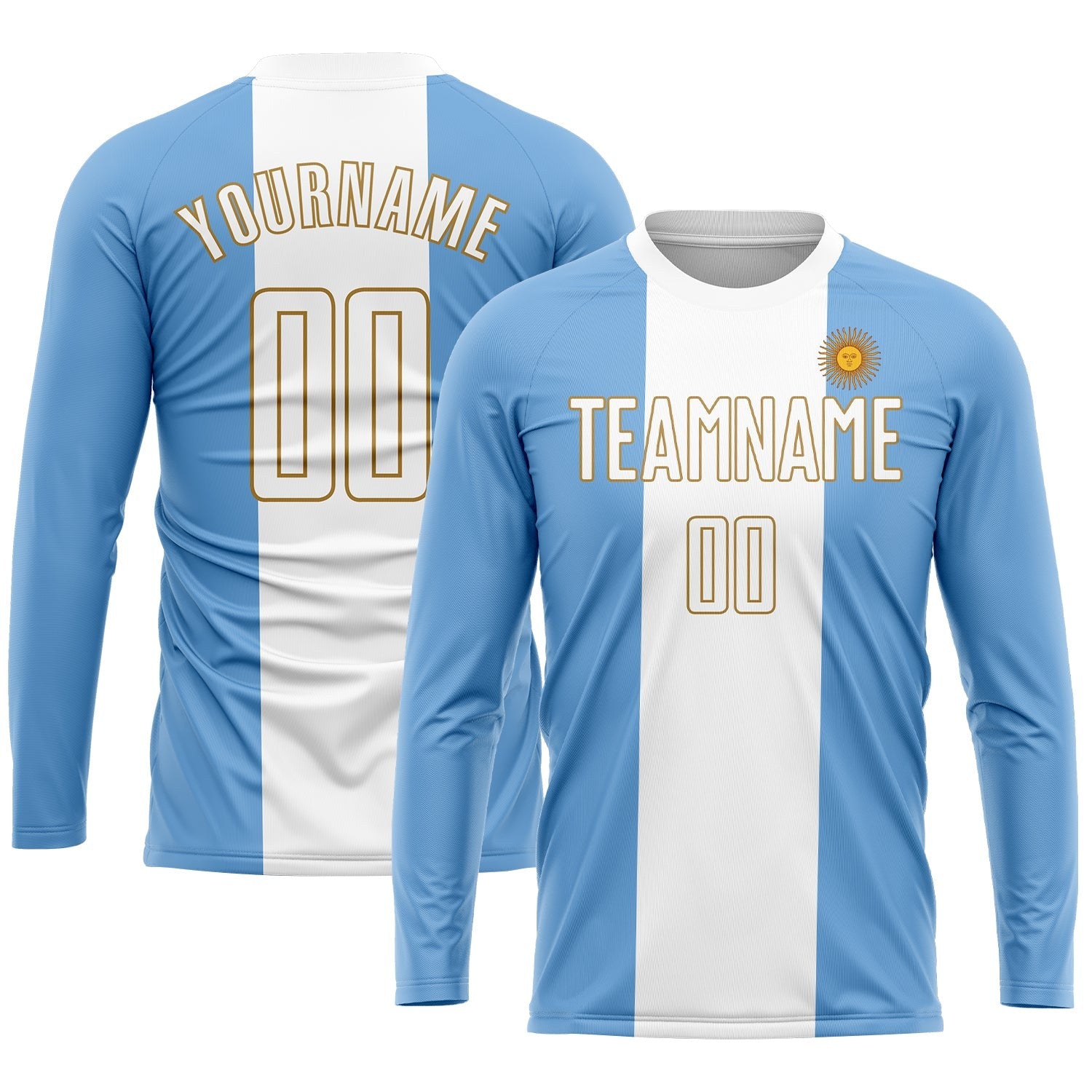 Custom Light Blue White-Old Gold Sublimation Argentinian Flag Soccer Uniform Jersey photo 2