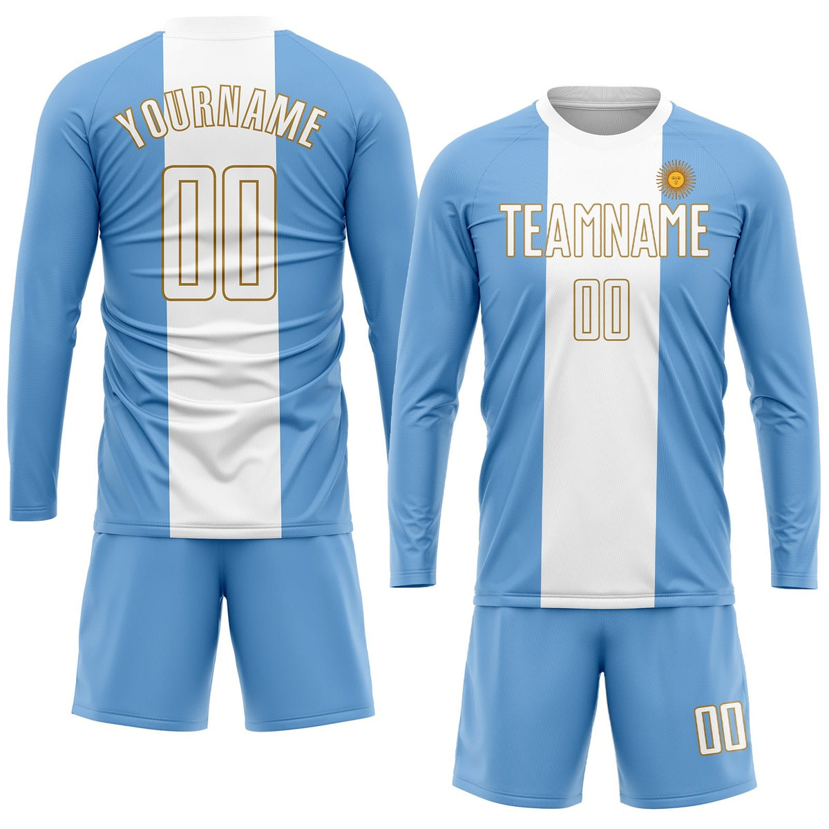 Custom Light Blue White-Old Gold Sublimation Argentinian Flag Soccer Uniform Jersey photo 3