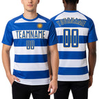 Custom White Royal-Gold Sublimation Uruguayan Flag Soccer Uniform Jersey worn front and back