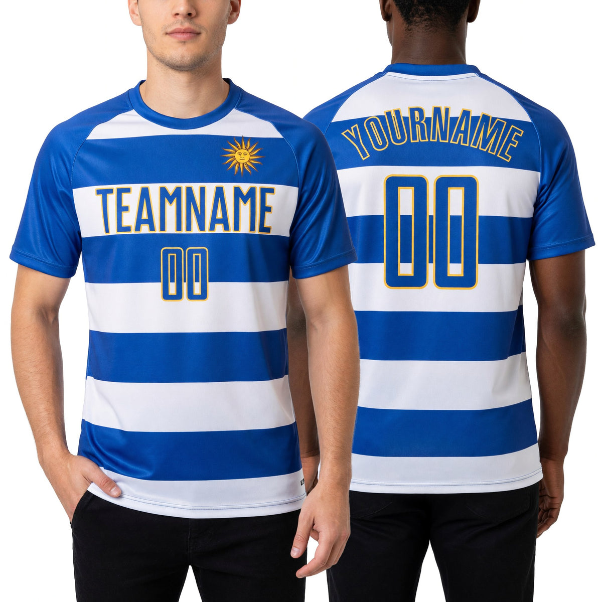 Custom White Royal-Gold Sublimation Uruguayan Flag Soccer Uniform Jersey worn front and back