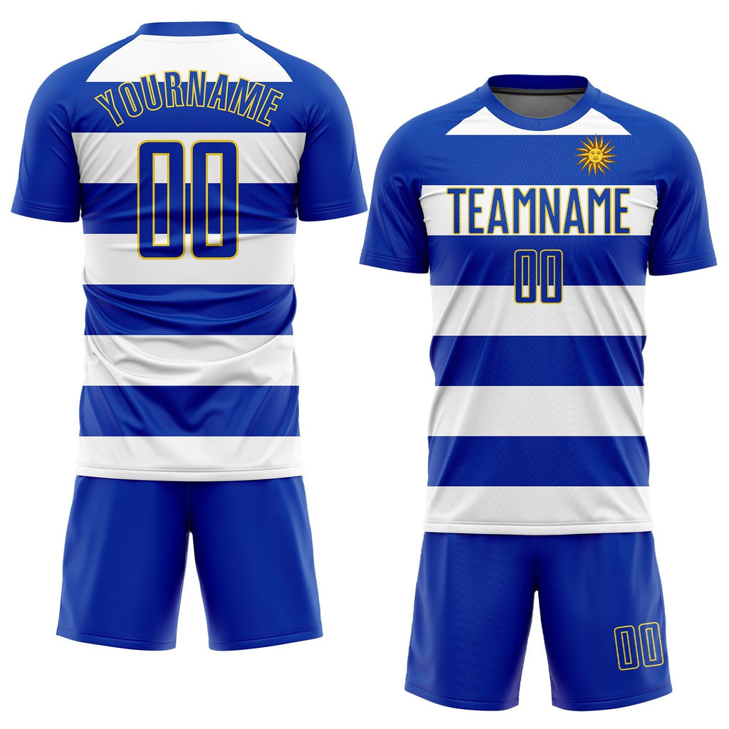 Custom White Royal-Gold Sublimation Uruguayan Flag Soccer Uniform Jersey photo 2