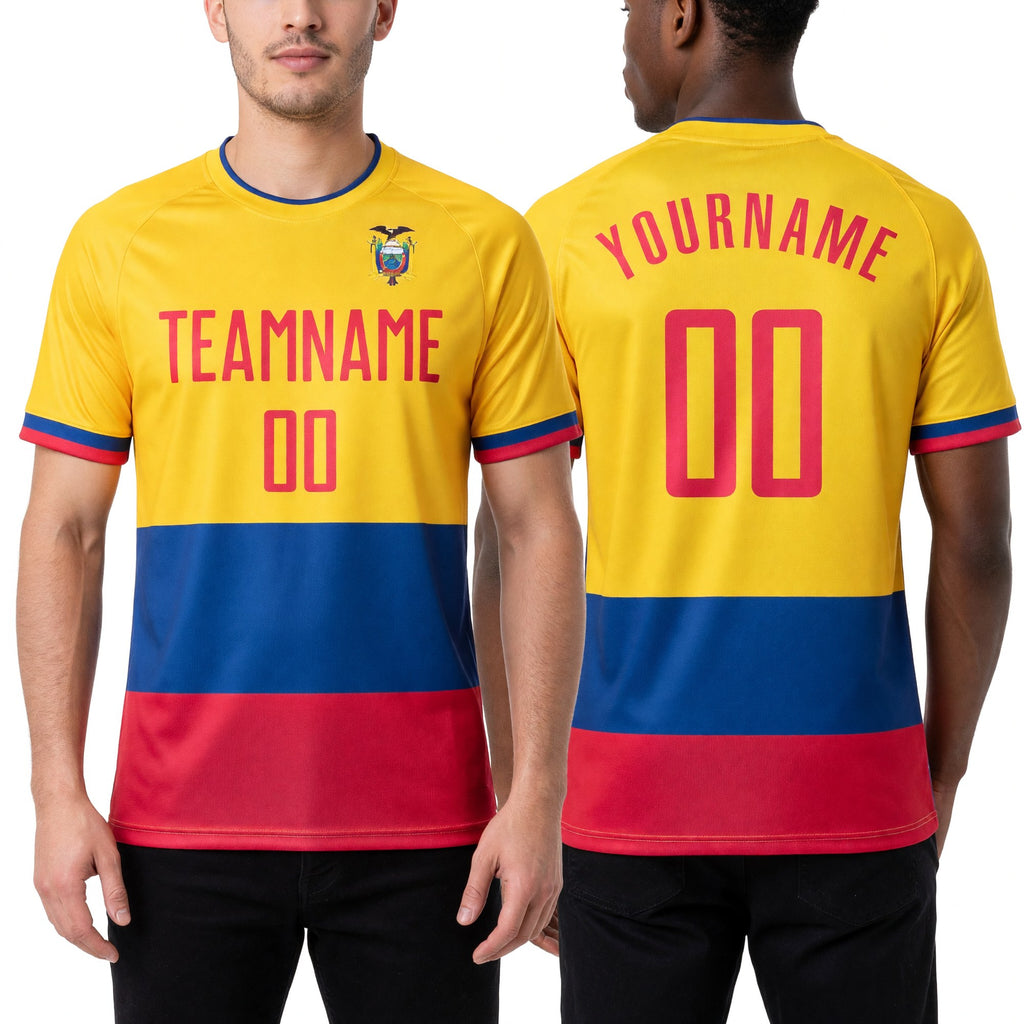 Custom Gold Red-Royal Sublimation Ecuador Flag Soccer Uniform Jersey worn front and back